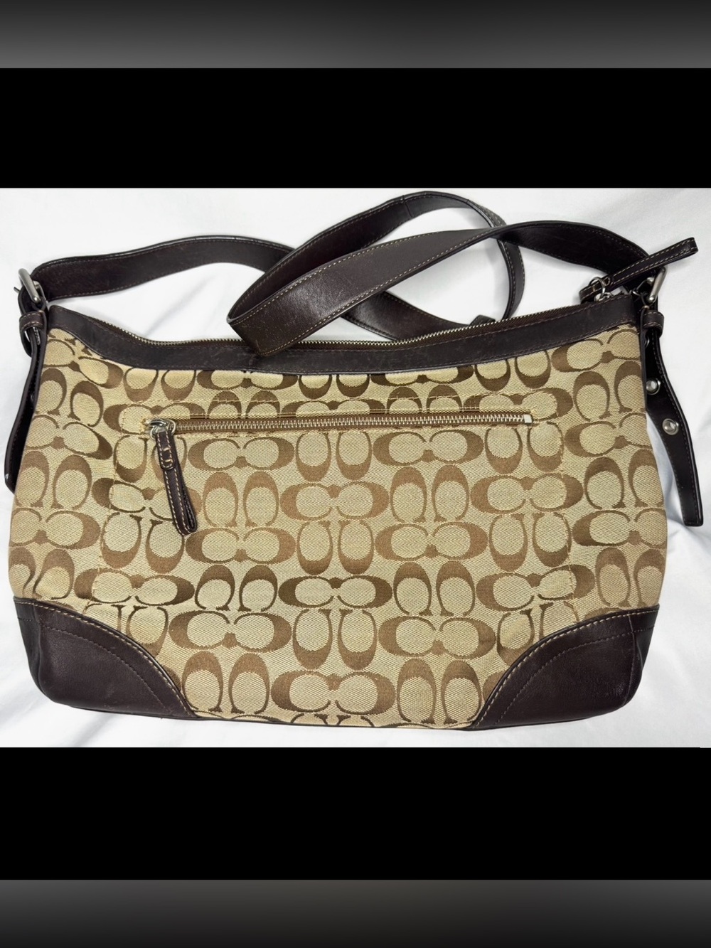 Coach Signature Canvas Shoulder Bag with Brown Leather Trim